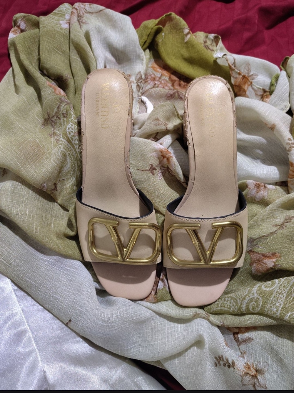 Valentino Garavani Beige Slide Mules with Gold Logo